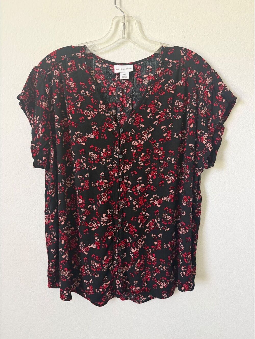 Liz Claiborne Short Sleeve Button Up V-Neck Floral Blouse Women's Size XXL